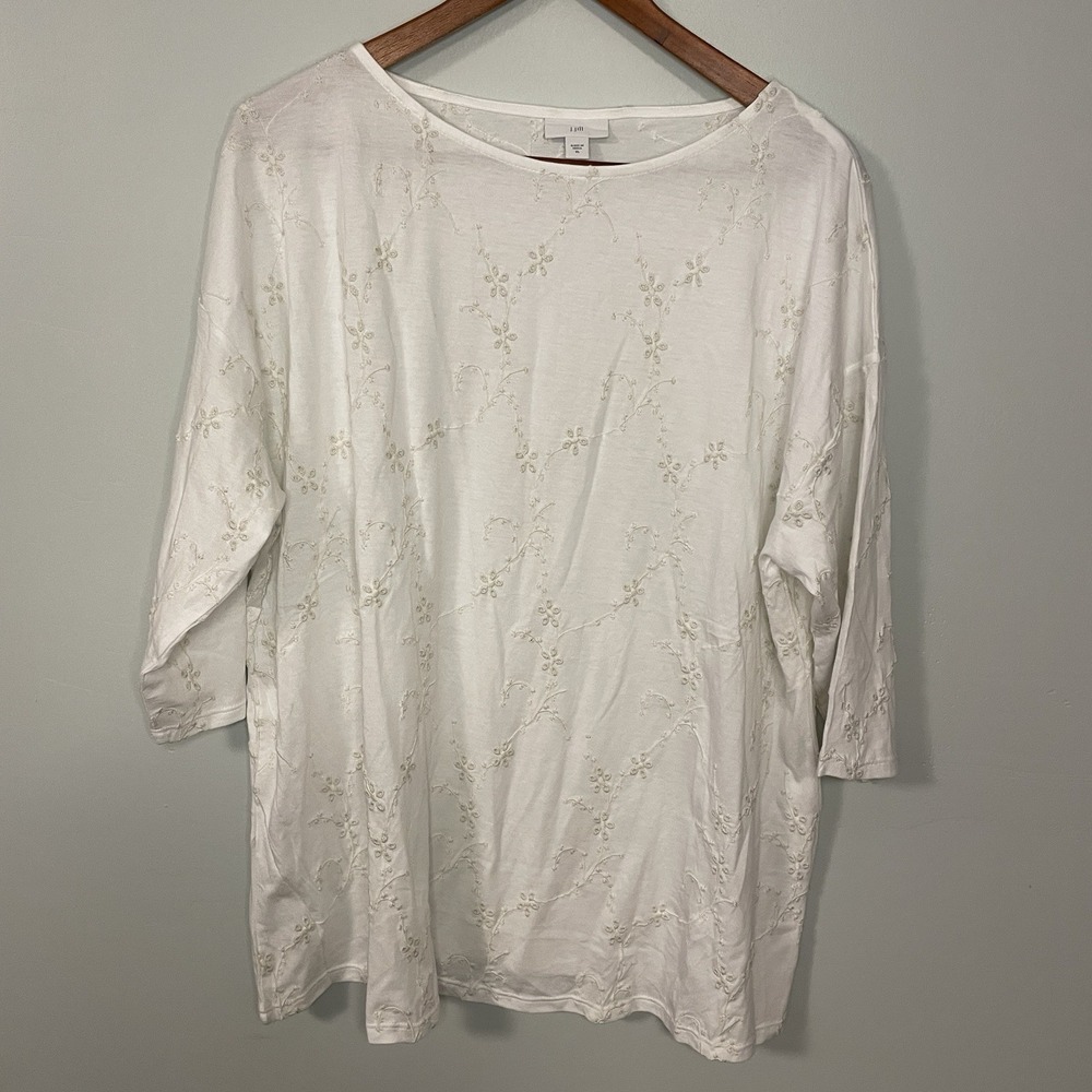 J Jill Top Sz XL White Embroidered Blouse Round Neck 3/4 Sleeve Cottagecore